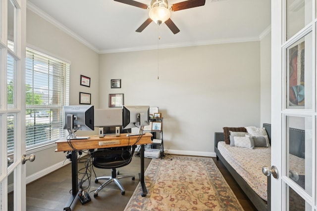 2018 Oxley Manor Ln, Richmond, TX 77469 - office space featuring ornamental molding, ceiling fan, and french doors