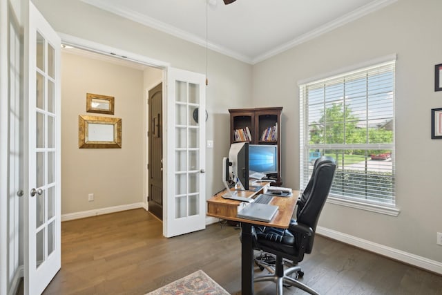 2018 Oxley Manor Ln, Richmond, TX 77469 - office area with french doors, ornamental molding, dark wood-type flooring, and a ceiling fan