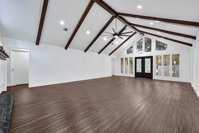 15702 Congo Ln, Jersey Village, TX 77040 - unfurnished living room with beam ceiling, dark wood-style floors, ceiling fan, recessed lighting, and high vaulted ceiling