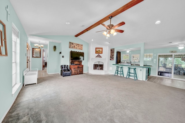 40670 Jozwiak Ln, Hempstead, TX 77445 - unfurnished living room with a ceiling fan, a large fireplace, a chandelier, plenty of natural light, and recessed lighting