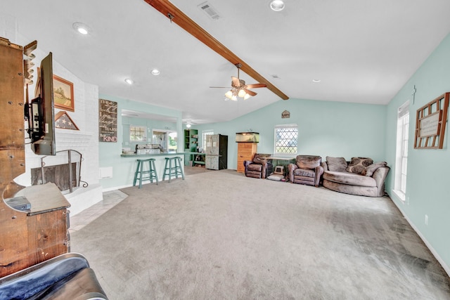 40670 Jozwiak Ln, Hempstead, TX 77445 - carpeted living area with a ceiling fan, a fireplace, and recessed lighting