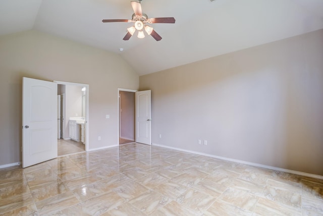 6103 Timbermoss Ct, League City, TX 77573 - unfurnished bedroom with lofted ceiling, connected bathroom, and a ceiling fan