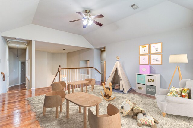 6103 Timbermoss Ct, League City, TX 77573 - living area featuring attic access, light wood-type flooring, ceiling fan, and vaulted ceiling