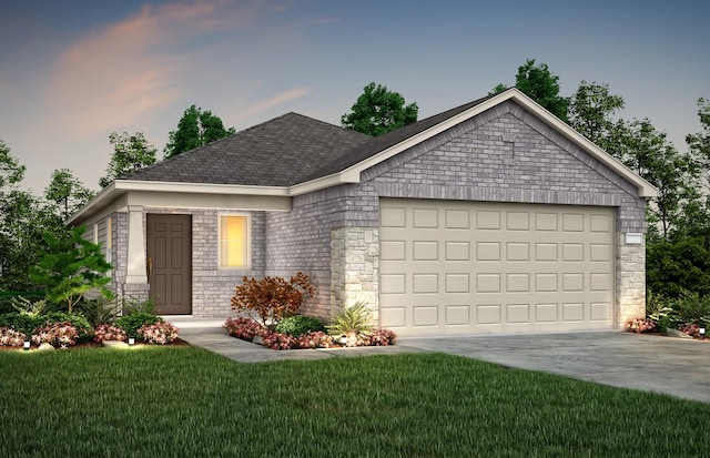 16415 Windy Cove Ct, Conroe, TX 77302 - ranch-style house with an attached garage, driveway, a front yard, and roof with shingles