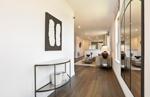 16415 Windy Cove Ct, Conroe, TX 77302 - corridor featuring dark wood-style floors and recessed lighting