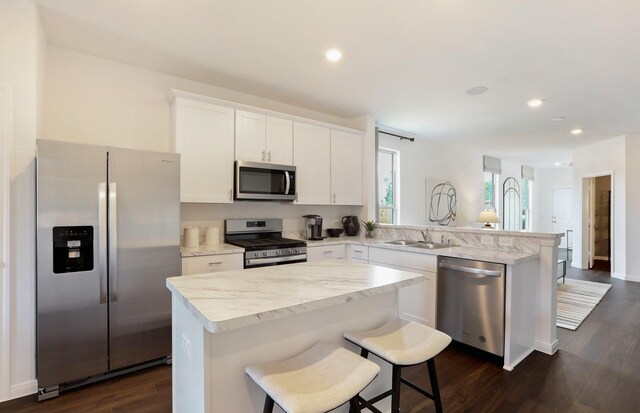 16415 Windy Cove Ct, Conroe, TX 77302 - kitchen featuring stainless steel appliances, a peninsula, dark wood-type flooring, a kitchen island, and recessed lighting