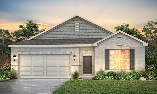 10713 Blocker Ct, Bryan, TX 77801 - view of front of home featuring driveway, a garage, brick siding, roof with shingles, and a front lawn
