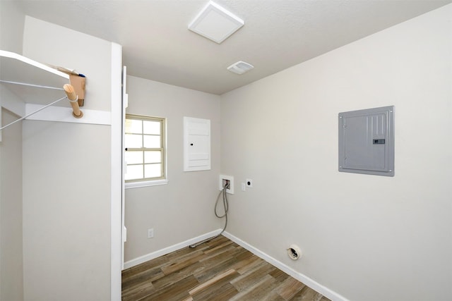 1531 Lahn Rd, New Braunfels, TX 78130 - laundry room featuring electric panel, washer hookup, wood finished floors, and electric dryer hookup