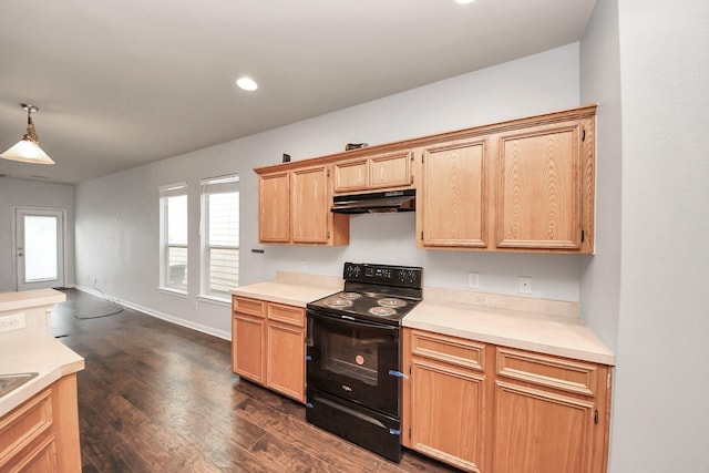 8030 Grow Ln, Houston, TX 77040 - kitchen featuring black electric range oven, light countertops, dark wood-style floors, under cabinet range hood, and recessed lighting