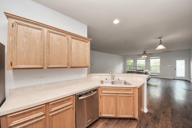 8030 Grow Ln, Houston, TX 77040 - kitchen featuring dishwasher, a peninsula, light brown cabinetry, dark wood-style floors, and a ceiling fan