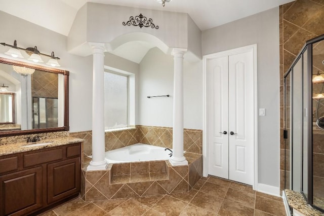 13839 Oak Fair Bnd, Cypress, TX 77429 - bathroom with ornate columns, a stall shower, a bath, and vanity