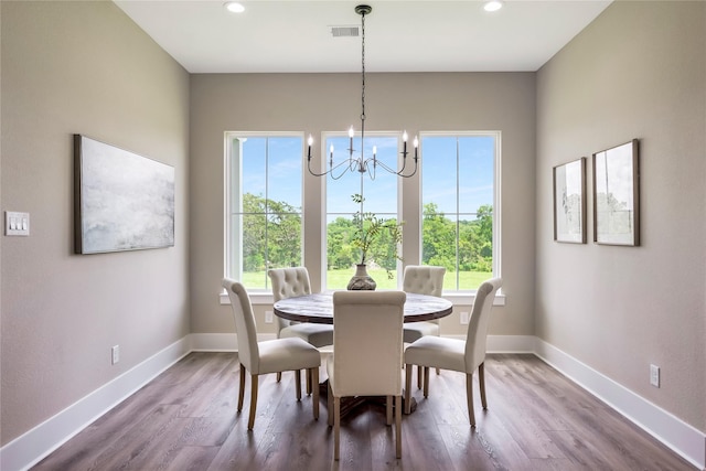 1430 Bluebonnet Ridge Dr, Chappell Hill, TX 77426 - dining space with a chandelier, healthy amount of natural light, dark wood-type flooring, and recessed lighting