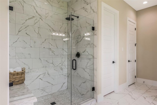 1430 Bluebonnet Ridge Dr, Chappell Hill, TX 77426 - full bathroom featuring marble look tile flooring, a marble finish shower, and recessed lighting