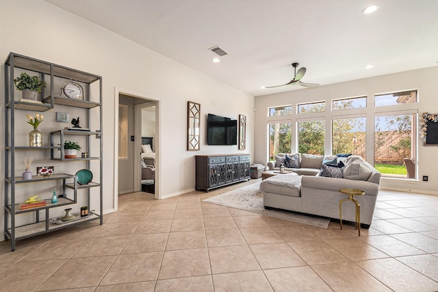 14730 Yellow Begonia Dr, Cypress, TX 77433 - living room featuring light tile patterned flooring, recessed lighting, and ceiling fan