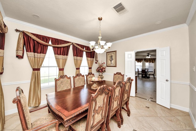 20718 Mansfield Bay Ln, Richmond, TX 77407 - dining room featuring a chandelier, crown molding, healthy amount of natural light, and light tile patterned floors