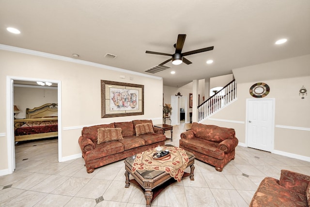 20718 Mansfield Bay Ln, Richmond, TX 77407 - living area with light tile patterned floors, stairway, a ceiling fan, crown molding, and recessed lighting