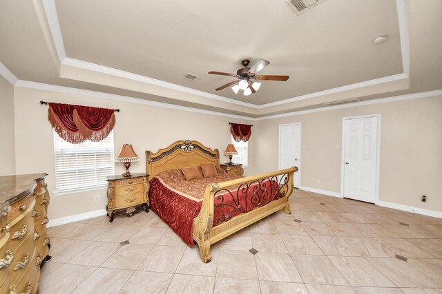 20718 Mansfield Bay Ln, Richmond, TX 77407 - bedroom with a raised ceiling, crown molding, light tile patterned floors, and ceiling fan