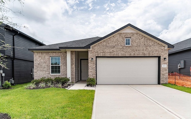 25035 Apricot Ct, Montgomery, TX 77316 - view of front facade featuring brick siding, concrete driveway, an attached garage, a front lawn, and a shingled roof