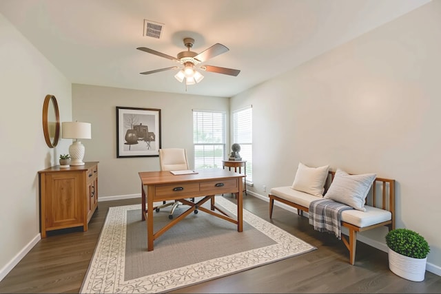 10327 Collingswood Rd, La Porte, TX 77571 - office area with ceiling fan and dark wood-type flooring