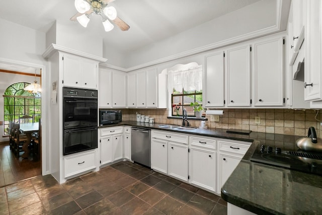 5 Hartwick Ct, Conroe, TX 77304 - kitchen featuring black appliances, ceiling fan, dark countertops, and backsplash