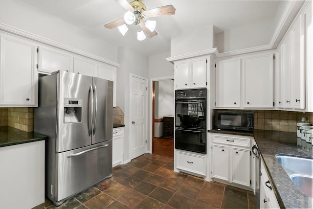 5 Hartwick Ct, Conroe, TX 77304 - kitchen featuring black appliances, white cabinetry, ceiling fan, tasteful backsplash, and stone finish floors