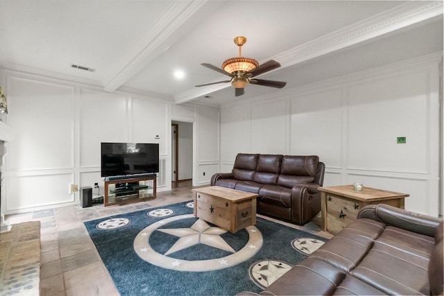 5 Hartwick Ct, Conroe, TX 77304 - living area featuring a decorative wall, ceiling fan, beamed ceiling, and ornamental molding