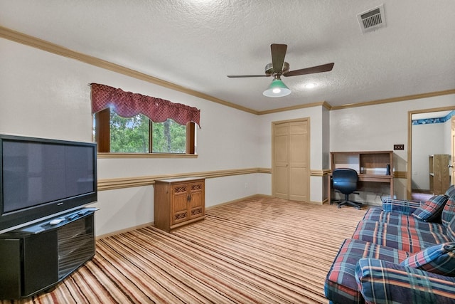 5 Hartwick Ct, Conroe, TX 77304 - bedroom featuring crown molding, light colored carpet, a textured ceiling, and a ceiling fan