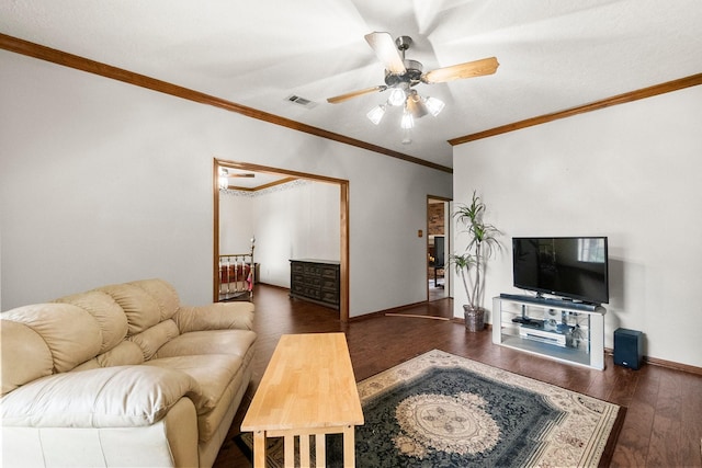 5 Hartwick Ct, Conroe, TX 77304 - living room with ceiling fan, crown molding, and wood finished floors
