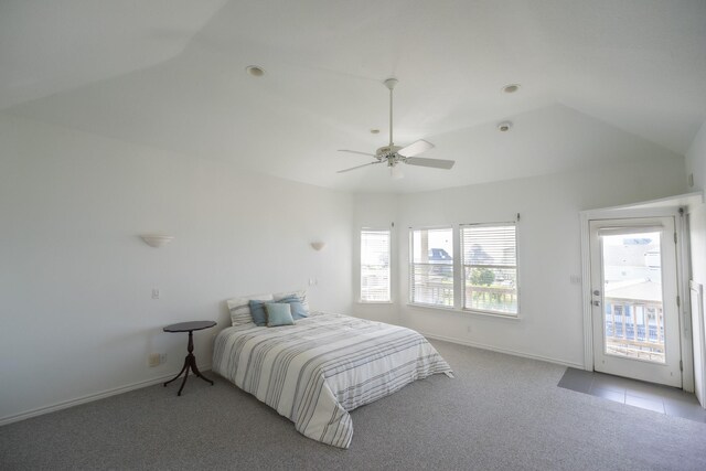 23002 Lunes St, Galveston, TX 77554 - bedroom with carpet, access to exterior, lofted ceiling, and a ceiling fan