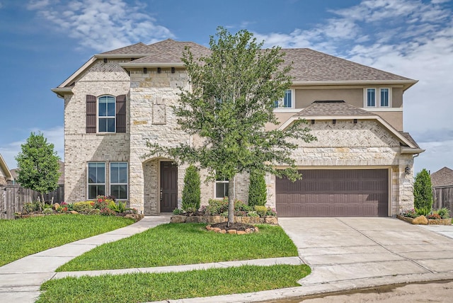 2008 Bristol Cliff Ln, Pearland, TX 77089 - french country home with concrete driveway, roof with shingles, stone siding, and brick siding