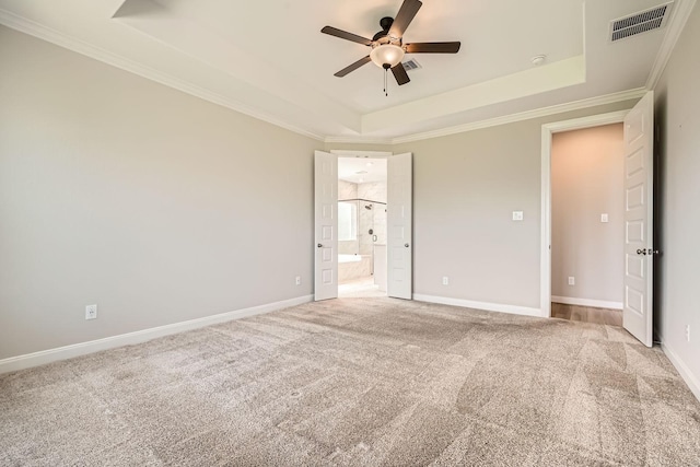 2008 Bristol Cliff Ln, Pearland, TX 77089 - unfurnished bedroom with a raised ceiling, carpet floors, crown molding, ensuite bathroom, and a ceiling fan