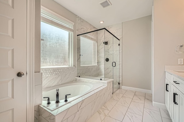 2008 Bristol Cliff Ln, Pearland, TX 77089 - bathroom with healthy amount of natural light, a bath, marble look tile flooring, and a stall shower