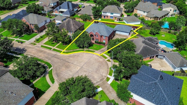 3106 Alexandros Ct, Pearland, TX 77584 - aerial view of residential area with a pool and property parcel outlined