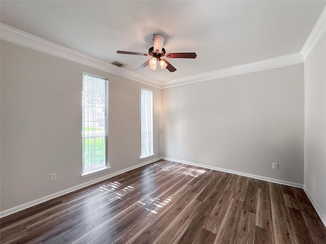 3106 Alexandros Ct, Pearland, TX 77584 - empty room featuring a ceiling fan, ornamental molding, and dark wood-type flooring