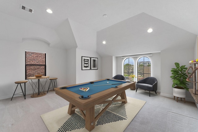 4611 Rose St, Houston, TX 77007 - rec room featuring light carpet, billiards table, lofted ceiling, and recessed lighting