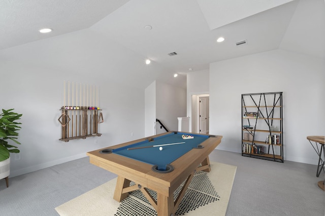 4611 Rose St, Houston, TX 77007 - recreation room with vaulted ceiling, carpet flooring, billiards table, and recessed lighting