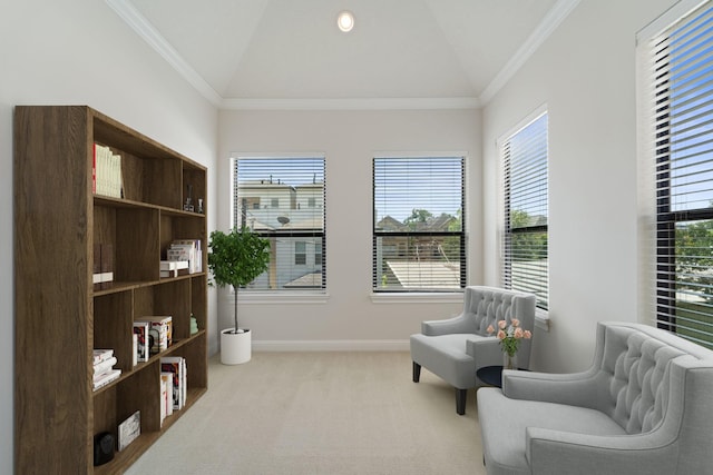4611 Rose St, Houston, TX 77007 - sitting room featuring lofted ceiling, ornamental molding, and carpet floors
