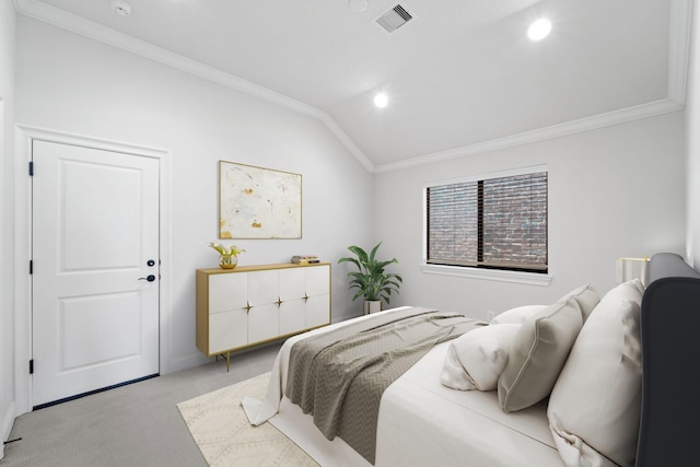 4611 Rose St, Houston, TX 77007 - bedroom featuring crown molding, light carpet, vaulted ceiling, and recessed lighting