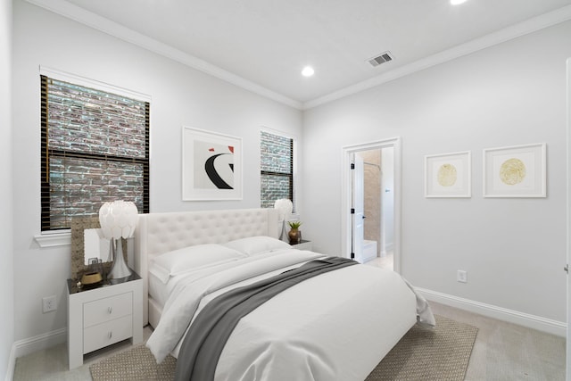4611 Rose St, Houston, TX 77007 - bedroom featuring light carpet, crown molding, multiple windows, recessed lighting, and connected bathroom