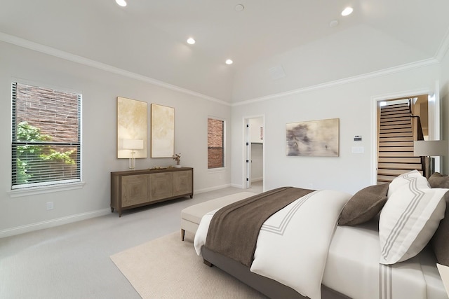 4611 Rose St, Houston, TX 77007 - bedroom with lofted ceiling, light colored carpet, crown molding, and recessed lighting