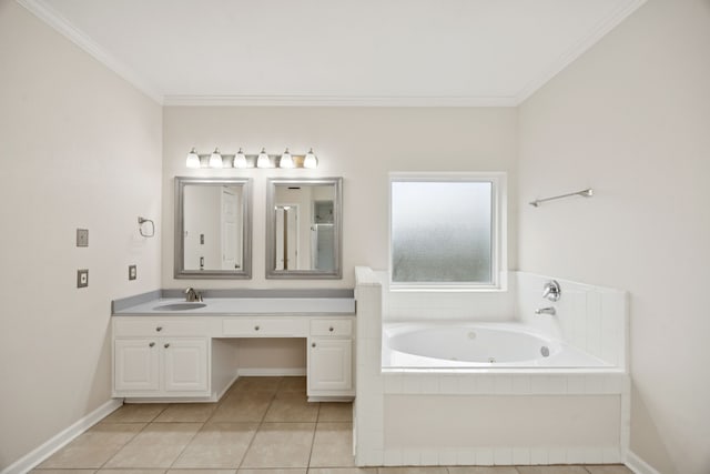 2537 La Rochelle Ct, Seabrook, TX 77586 - bathroom with a tub with jets, vanity, tile patterned flooring, and ornamental molding
