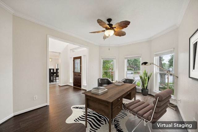 2537 La Rochelle Ct, Seabrook, TX 77586 - office area with wood finished floors, a ceiling fan, and crown molding
