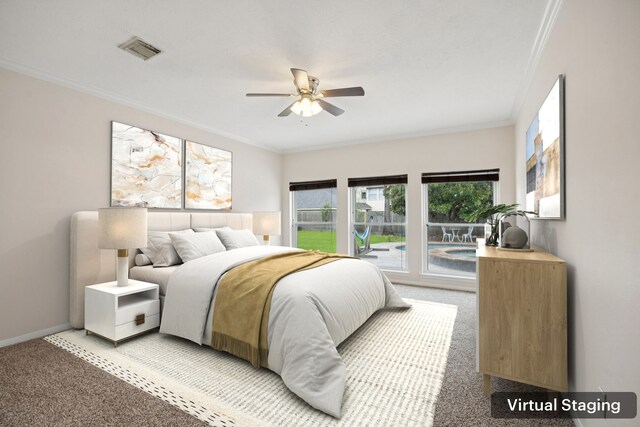 2537 La Rochelle Ct, Seabrook, TX 77586 - bedroom featuring crown molding, light colored carpet, and ceiling fan