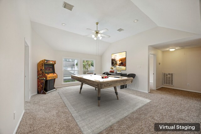 2537 La Rochelle Ct, Seabrook, TX 77586 - playroom featuring attic access, carpet floors, vaulted ceiling, and ceiling fan