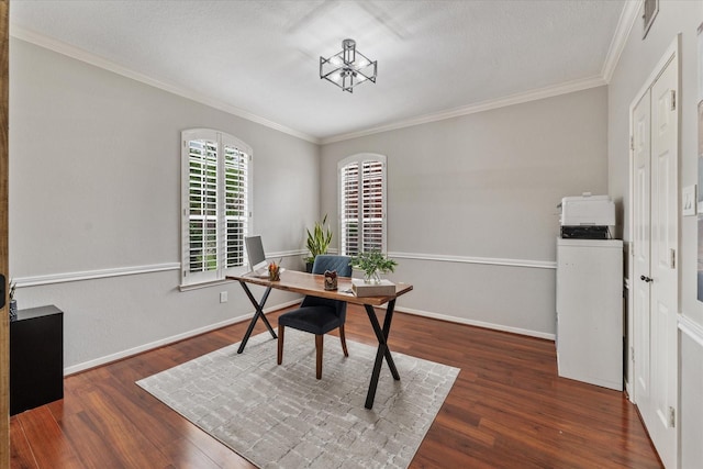 4318 Raintree Ct, Pasadena, TX 77505 - office area featuring washer / dryer, wood finished floors, crown molding, and a chandelier