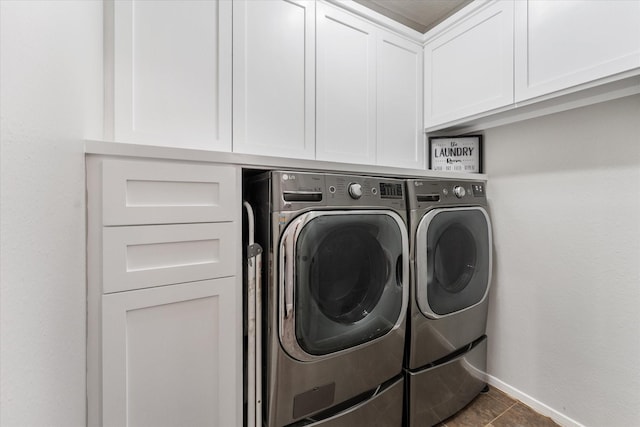 4318 Raintree Ct, Pasadena, TX 77505 - laundry room featuring washing machine and clothes dryer, cabinet space, and tile patterned flooring
