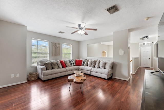 4318 Raintree Ct, Pasadena, TX 77505 - living area with ceiling fan, dark wood finished floors, and a textured ceiling