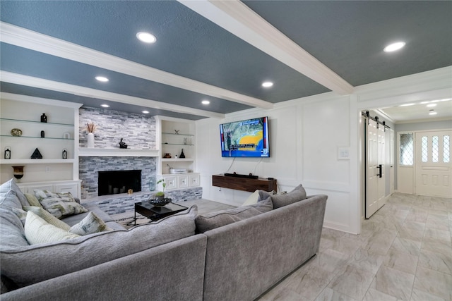 15514 Pebble Bend Dr, Houston, TX 77068 - living area featuring crown molding, a barn door, a decorative wall, light marble finish flooring, and recessed lighting