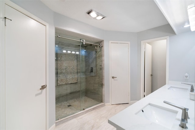 15514 Pebble Bend Dr, Houston, TX 77068 - full bath with a stall shower, double vanity, and marble look tile flooring