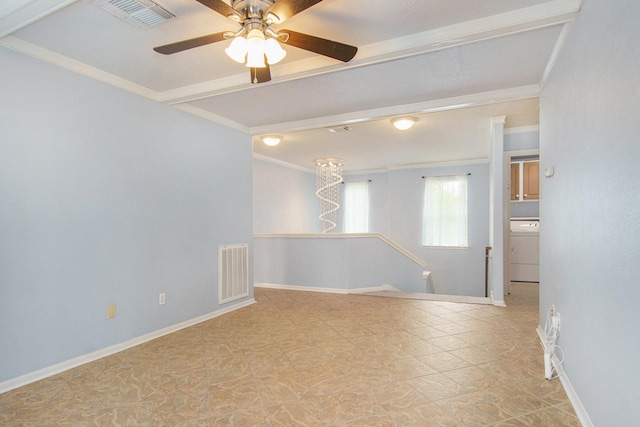 8806 Aberdeen Oaks Dr, Houston, TX 77095 - empty room featuring washer / clothes dryer, ornamental molding, ceiling fan, and beam ceiling